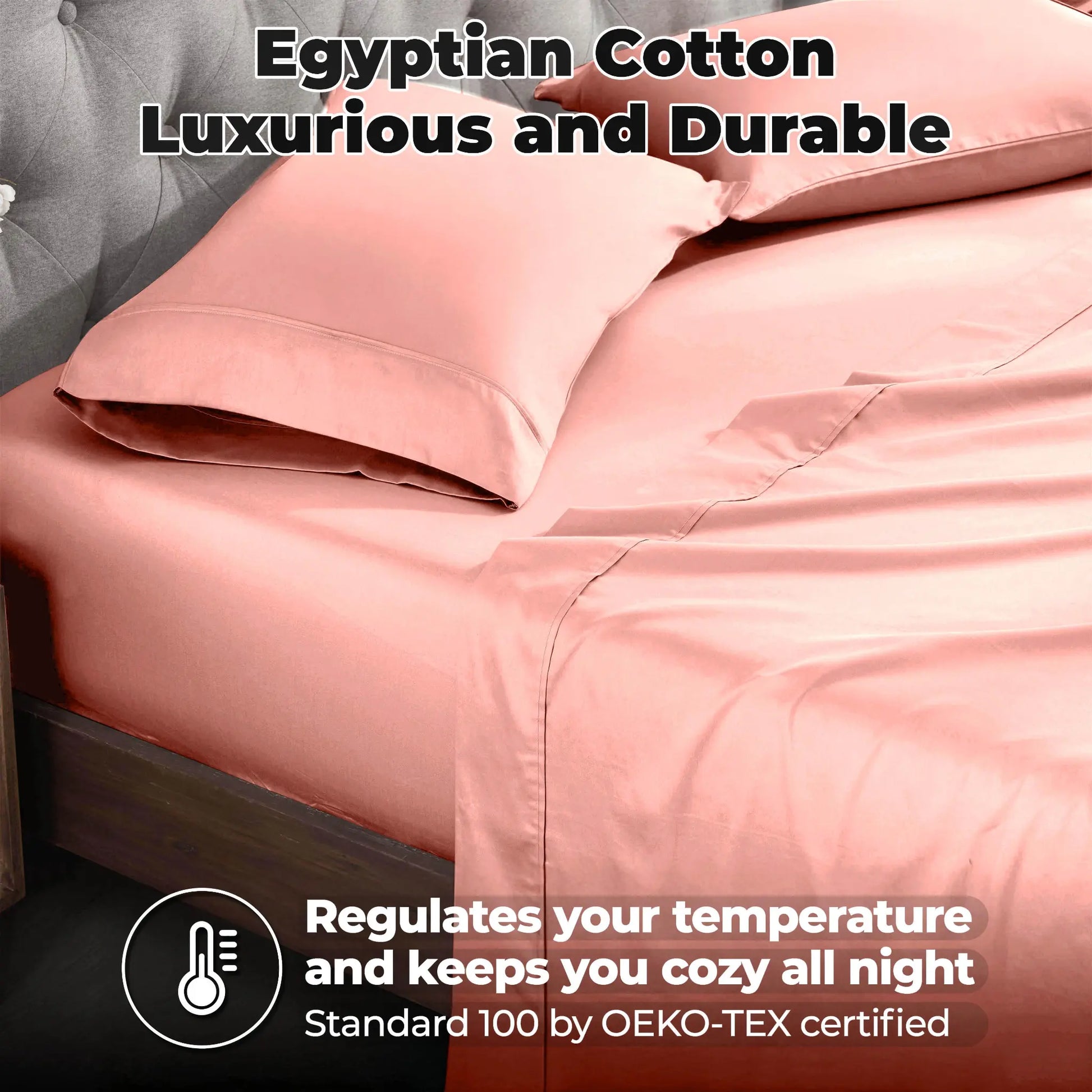 Pink 700 Thread Count Egyptian Cotton Sateen Bed Sheet Set promotional lifestyle image with features