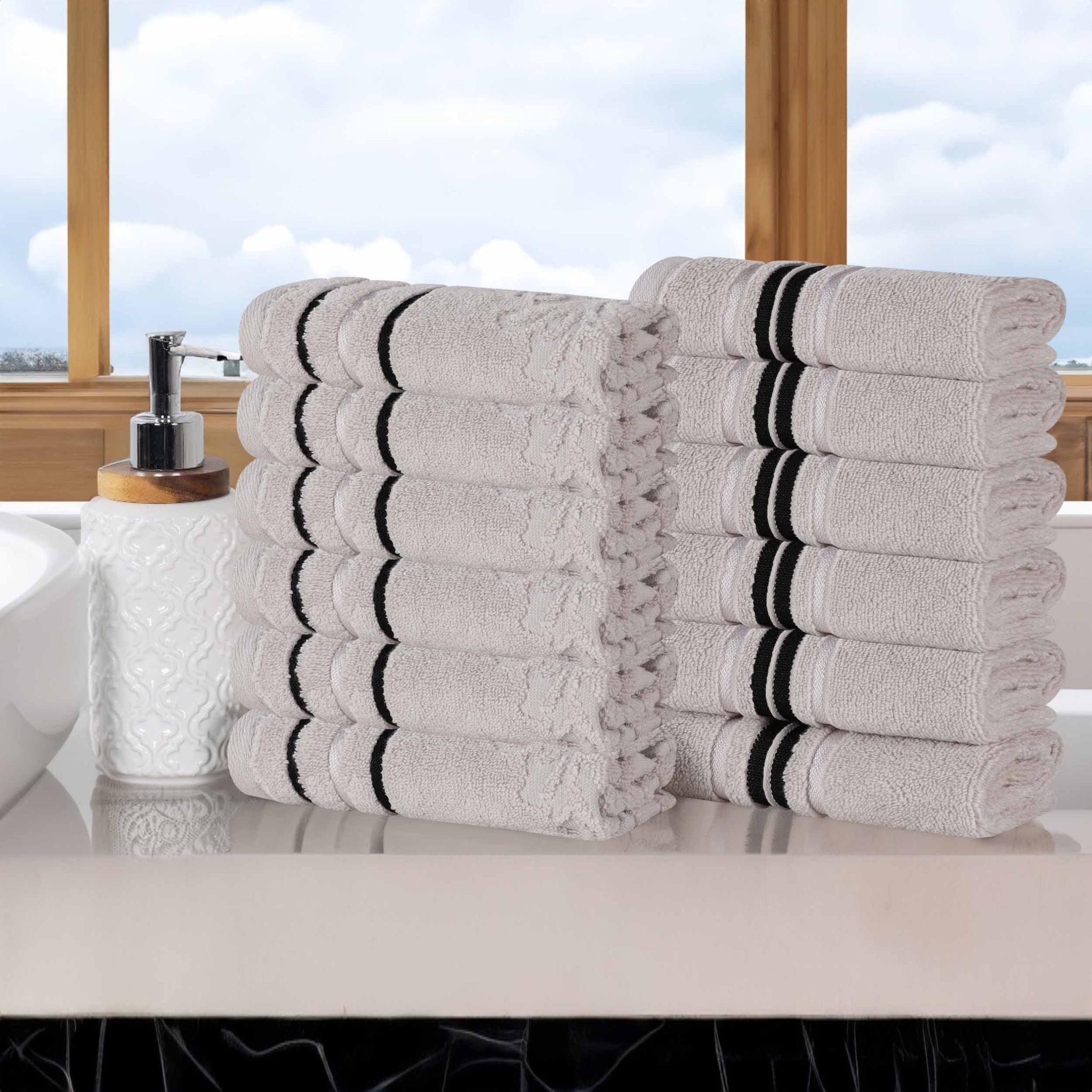 Sadie Zero Twist Cotton Solid and Jacquard Floral Face Towel Set of 12