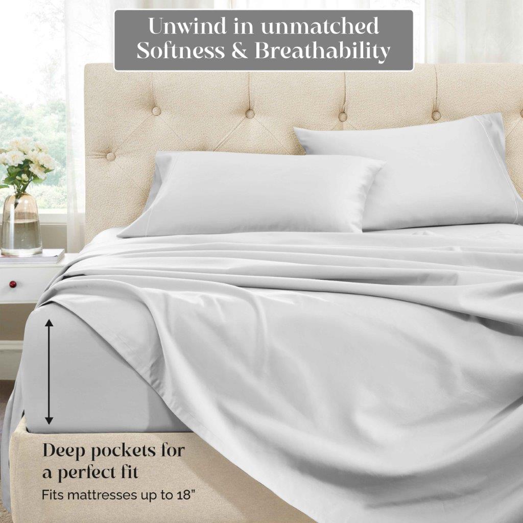 Platinum 1500 Thread Count Egyptian Cotton Sheets Set feature graphic highlighting softness, breathability, and deep pocket mattress fit up to 18 inches.