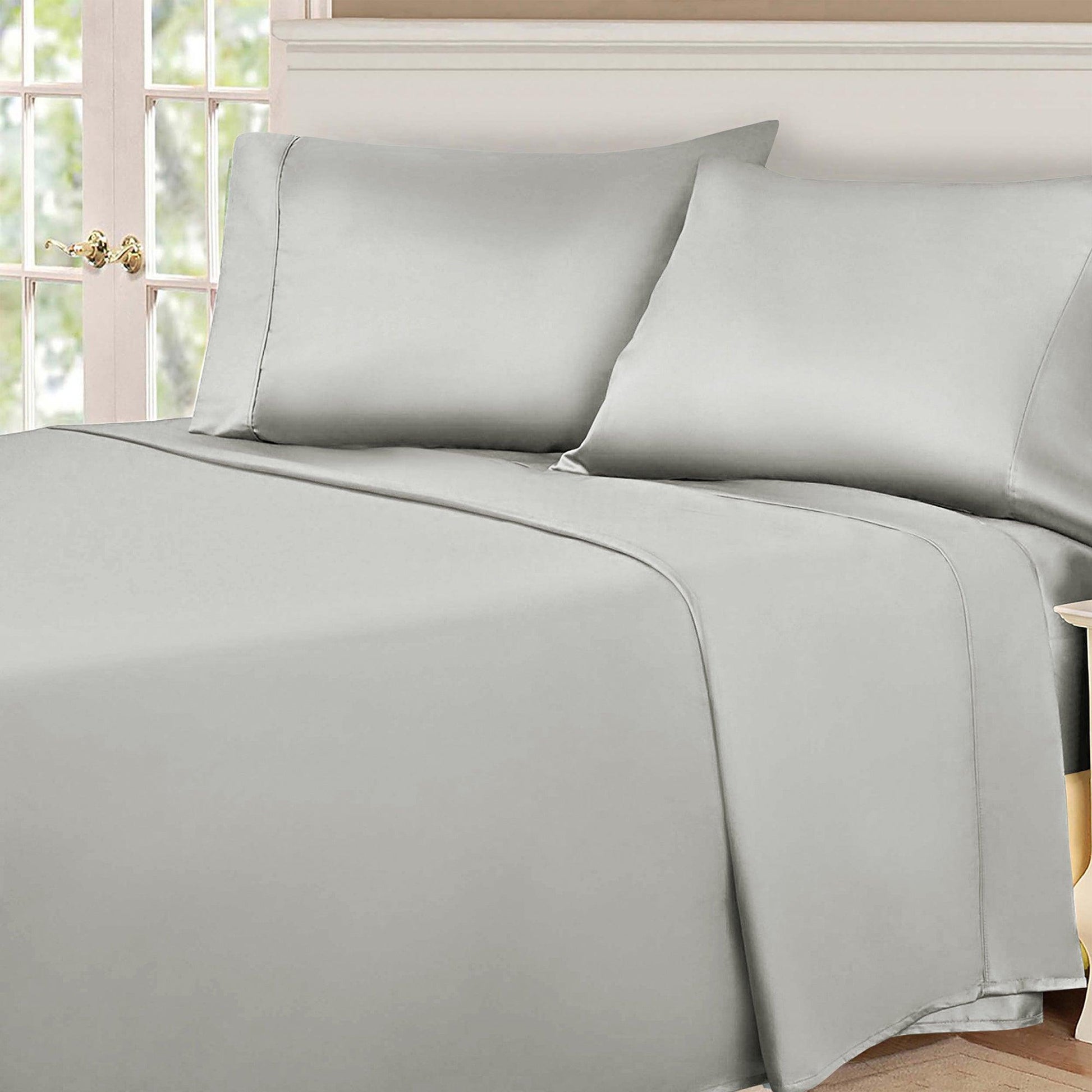Platinum 530 Thread Count Egyptian Cotton Sateen Bed Sheet Set displayed on a modern bed
