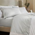 Platinum 600 Thread Count Cotton Blend Bed Sheet Set with Imperia embroidered hem details on a luxury lifestyle bed display.