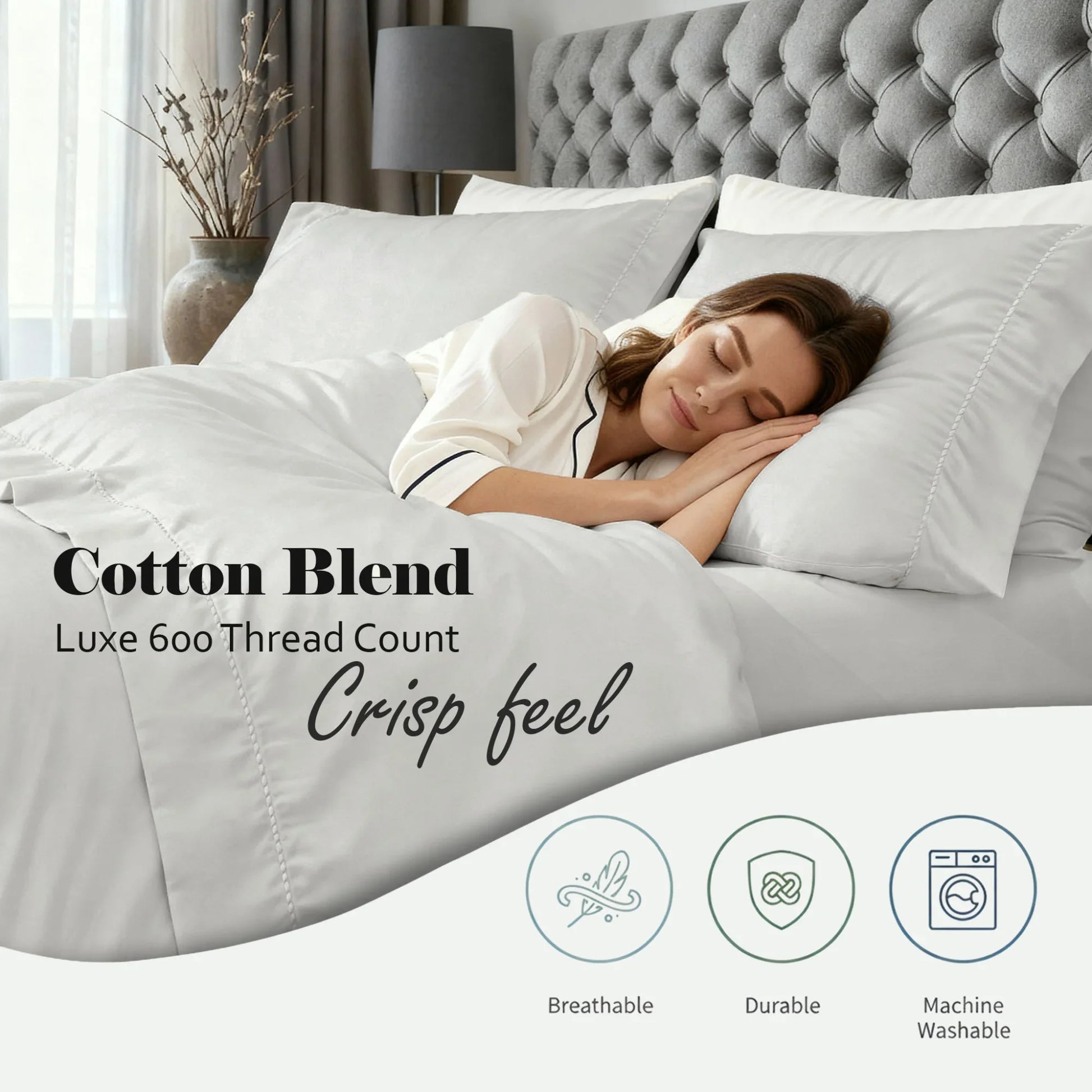 Platinum luxe 600 thread count cotton blend sheet set feature graphic highlighting breathability, durability, and machine washability.