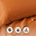 Rust 800 Thread Count Cotton Blend Bed Sheet Set infographic highlighting strong, durable, breathable, and smooth touch features.