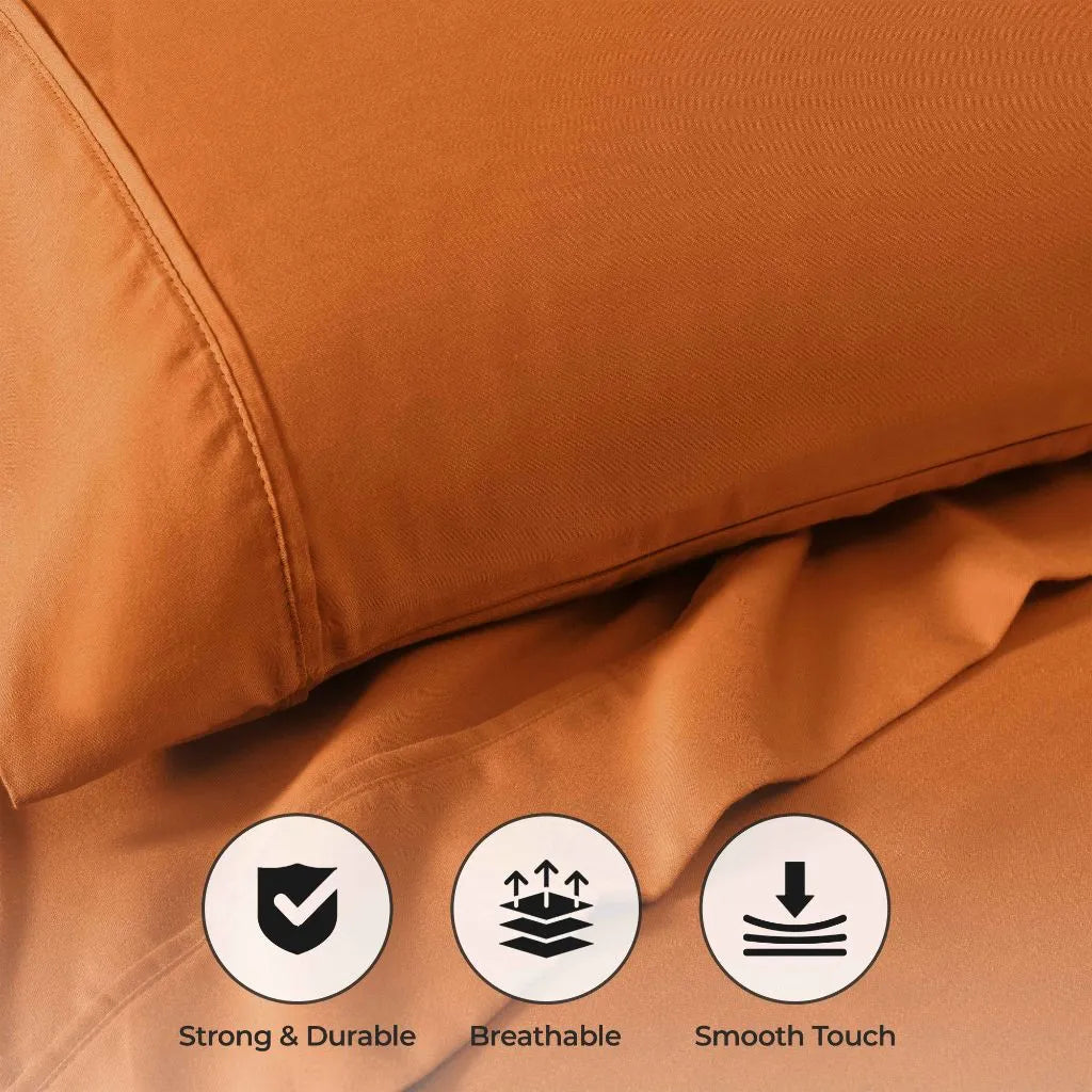 Rust 800 Thread Count Cotton Blend Bed Sheet Set infographic highlighting strong, durable, breathable, and smooth touch features.