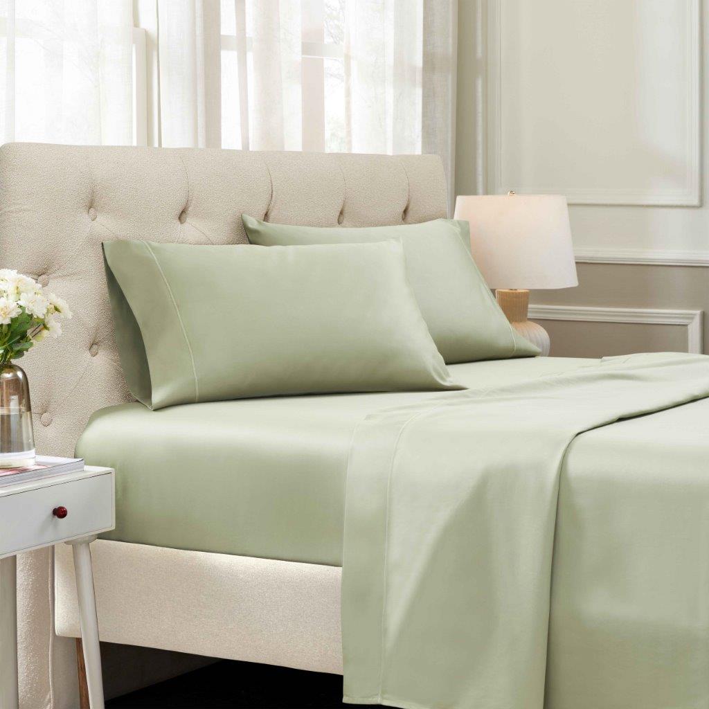 Sage Green 1500 Thread Count Egyptian Cotton Sheets Set deep pocket hotel quality lifestyle display on a modern staged bed.
