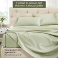Sage Green 1500 Thread Count Egyptian Cotton Sheets Set feature graphic highlighting softness, breathability, and deep pocket mattress fit up to 18 inches.