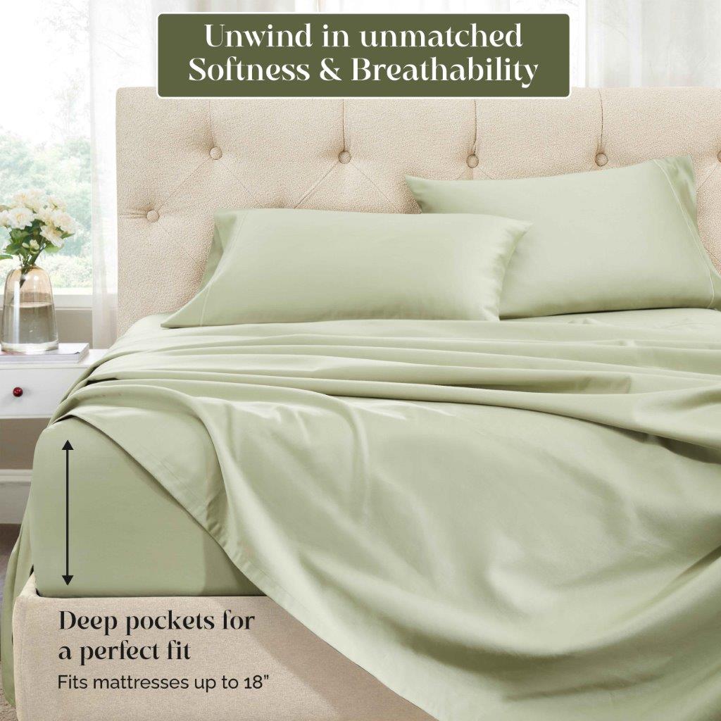 Sage Green 1500 Thread Count Egyptian Cotton Sheets Set feature graphic highlighting softness, breathability, and deep pocket mattress fit up to 18 inches.