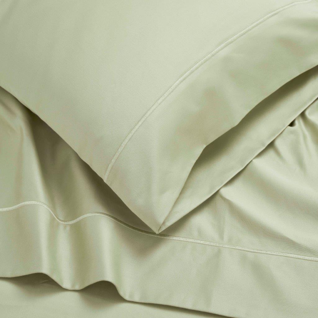 Sage Green 1500 Thread Count Egyptian Cotton bedding set pillowcase border and fabric drape detail.