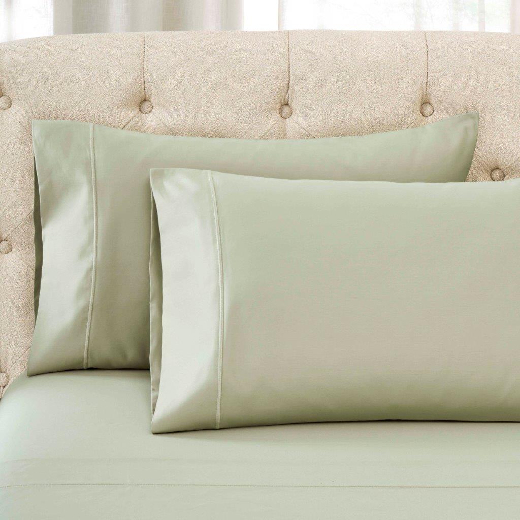 Sage Green 1500 Thread Count Egyptian Cotton pillowcase set close-up texture detail.