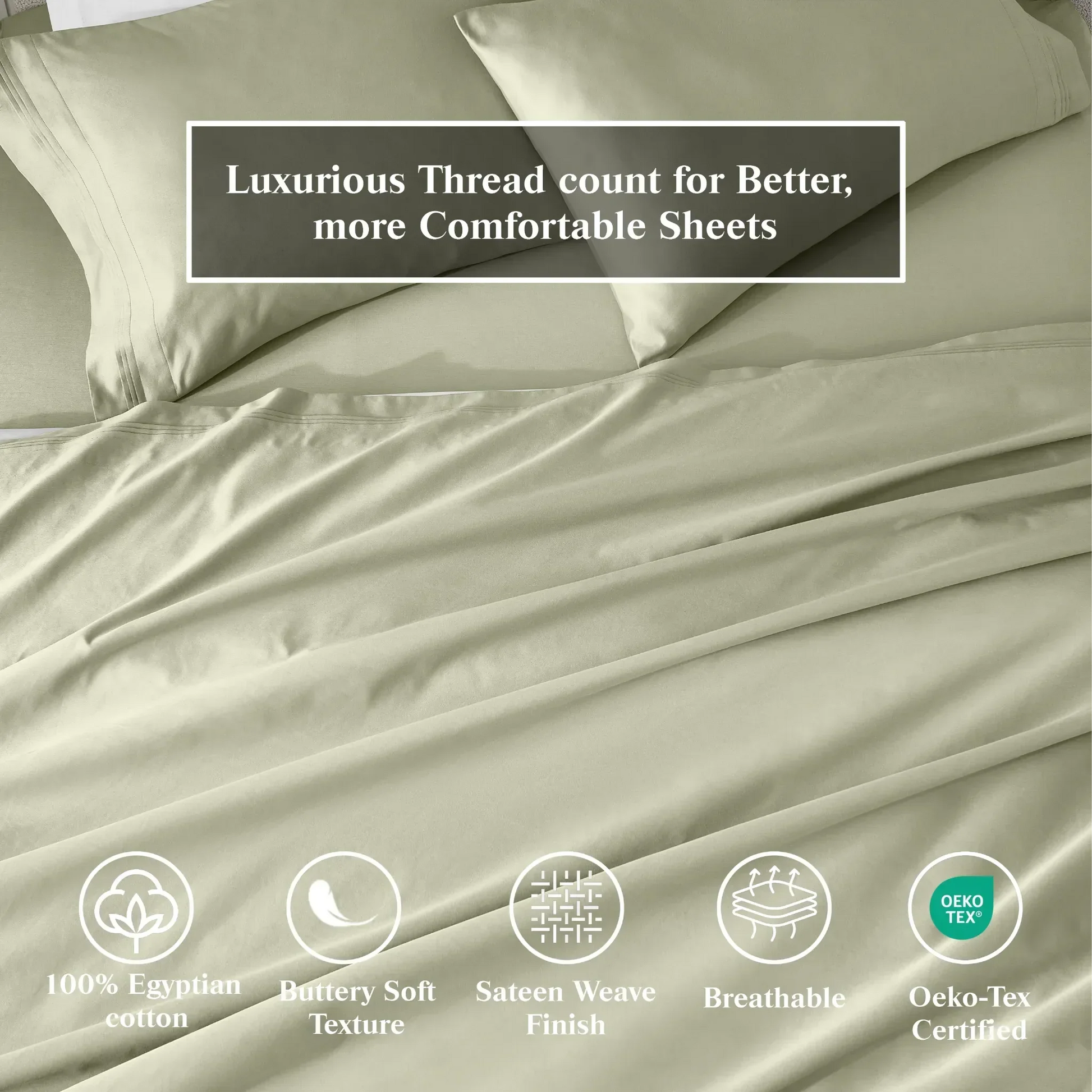 Sage Green Egyptian Cotton Sateen Sheet Set infographic highlighting product features and Oeko-Tex certification