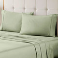 Sage green 700 Thread Count Egyptian Cotton Sateen Bed Sheet Set displayed on a modern bed