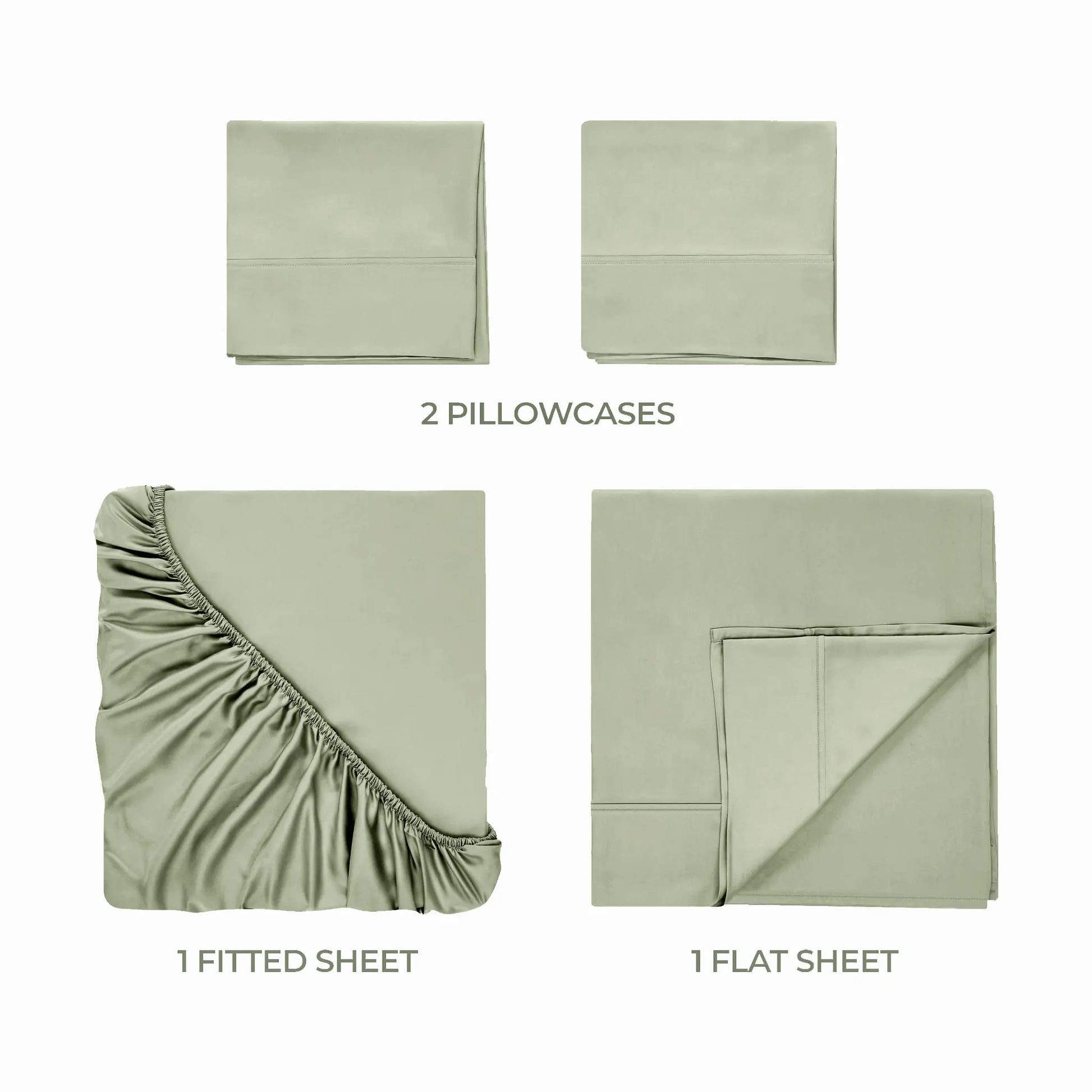 Sage green 700 Thread Count Egyptian Cotton Sateen Bed Sheet Set included items overview