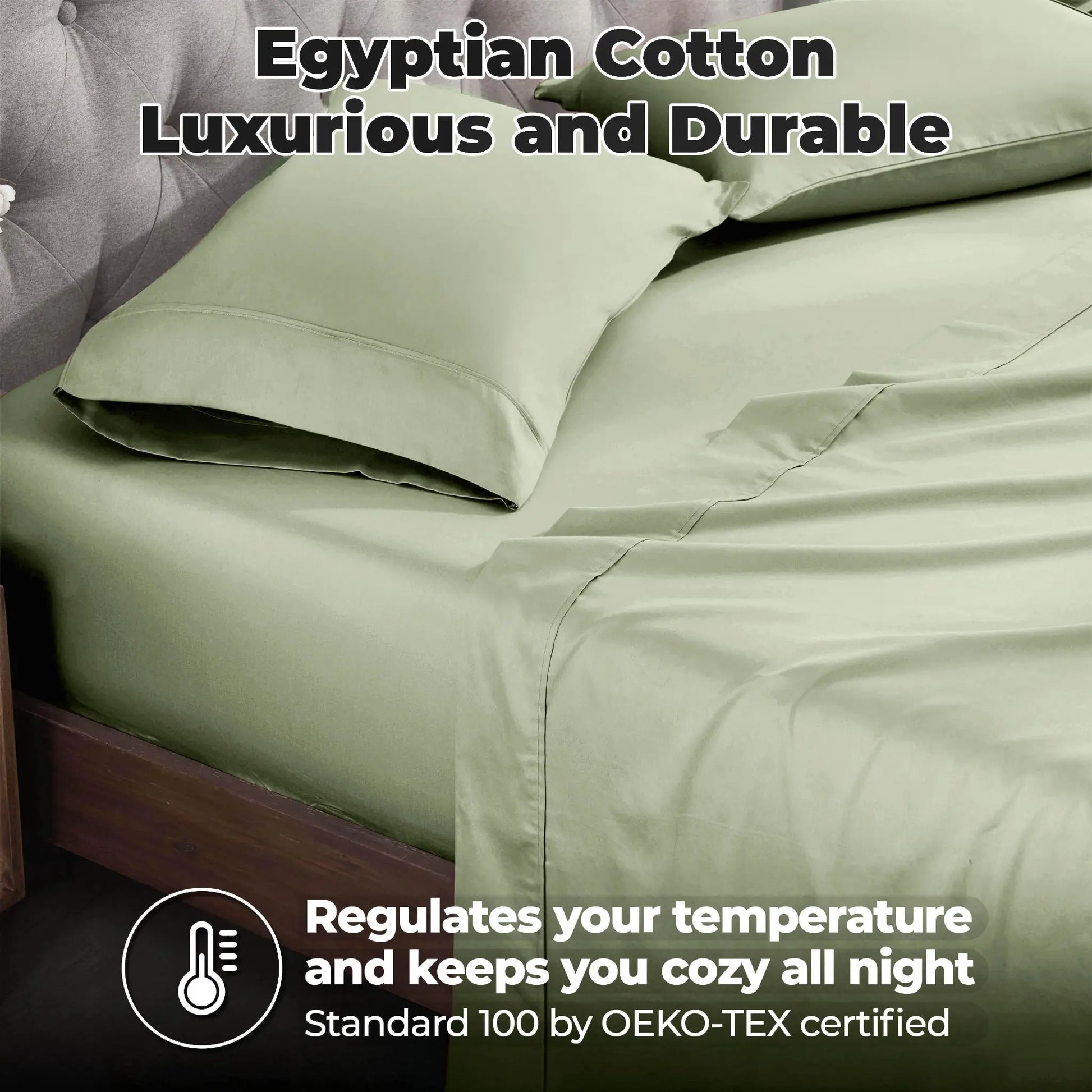 Sage green 700 Thread Count Egyptian Cotton Sateen Bed Sheet Set promotional lifestyle image with features