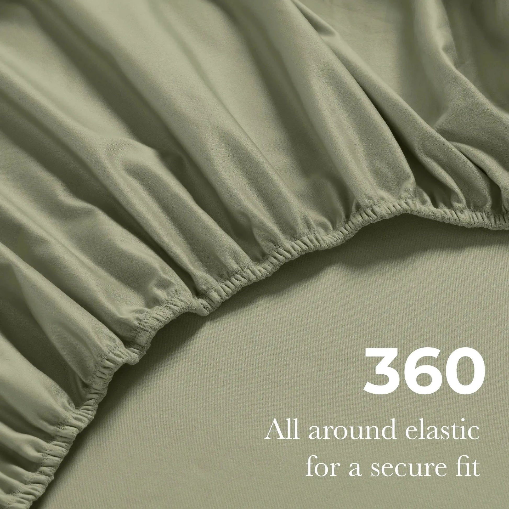 Sage green Egyptian Cotton fitted sheet showing 360-degree all-around elastic feature