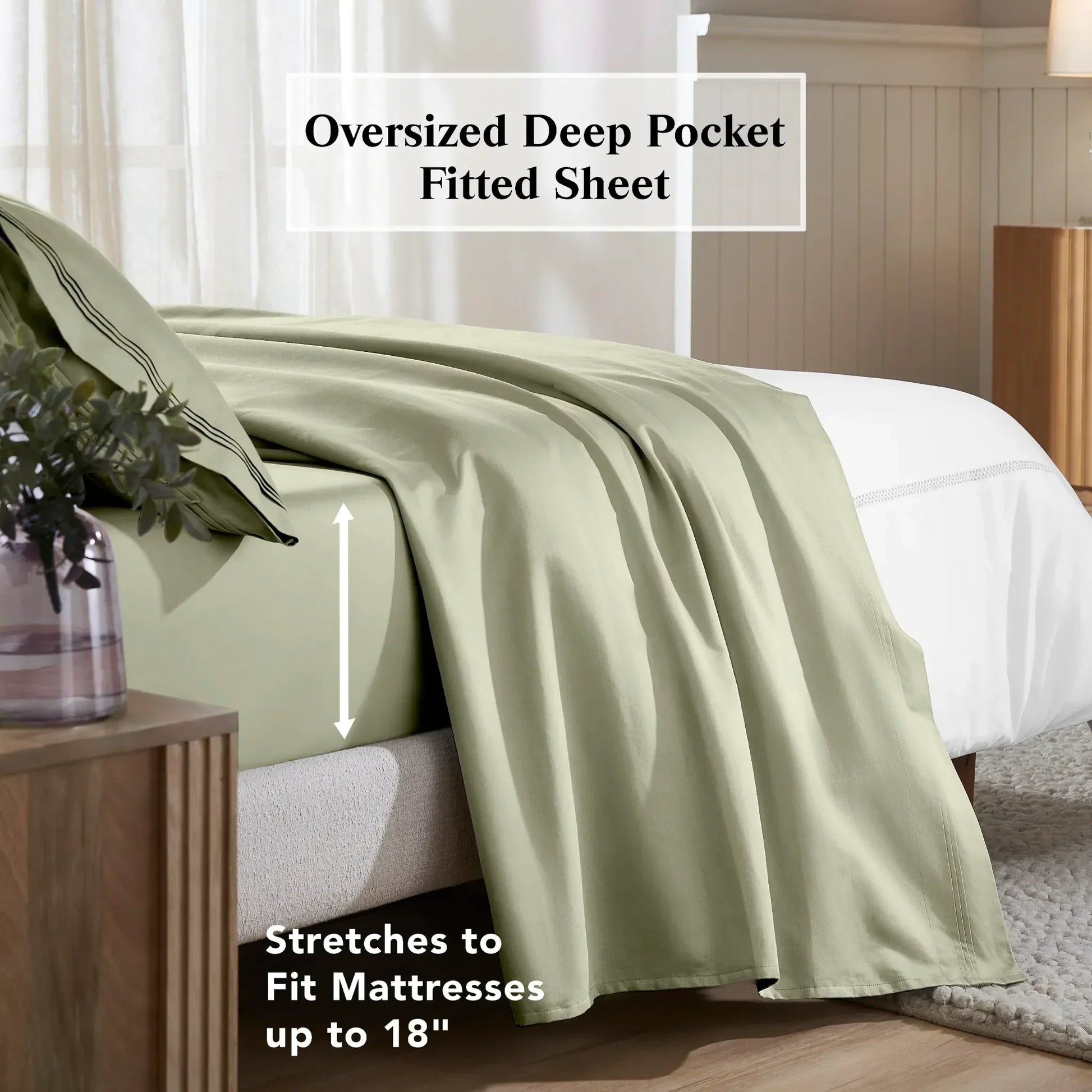 Sage green deep pocket fitted sheet showing an 18-inch mattress fit feature