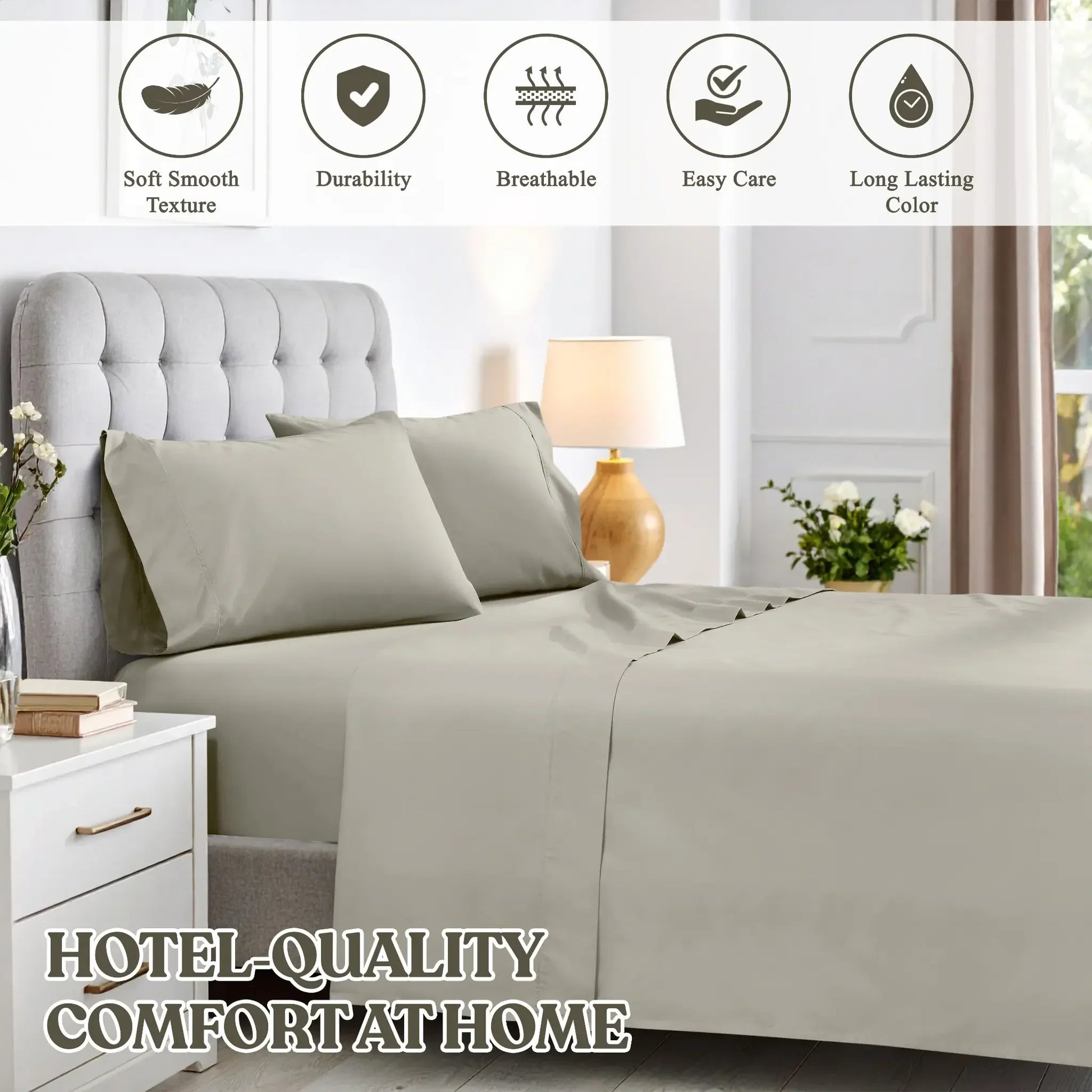 Stone gray cotton blend sheet set graphic highlighting soft texture, durability, breathability, easy care, and long lasting color.