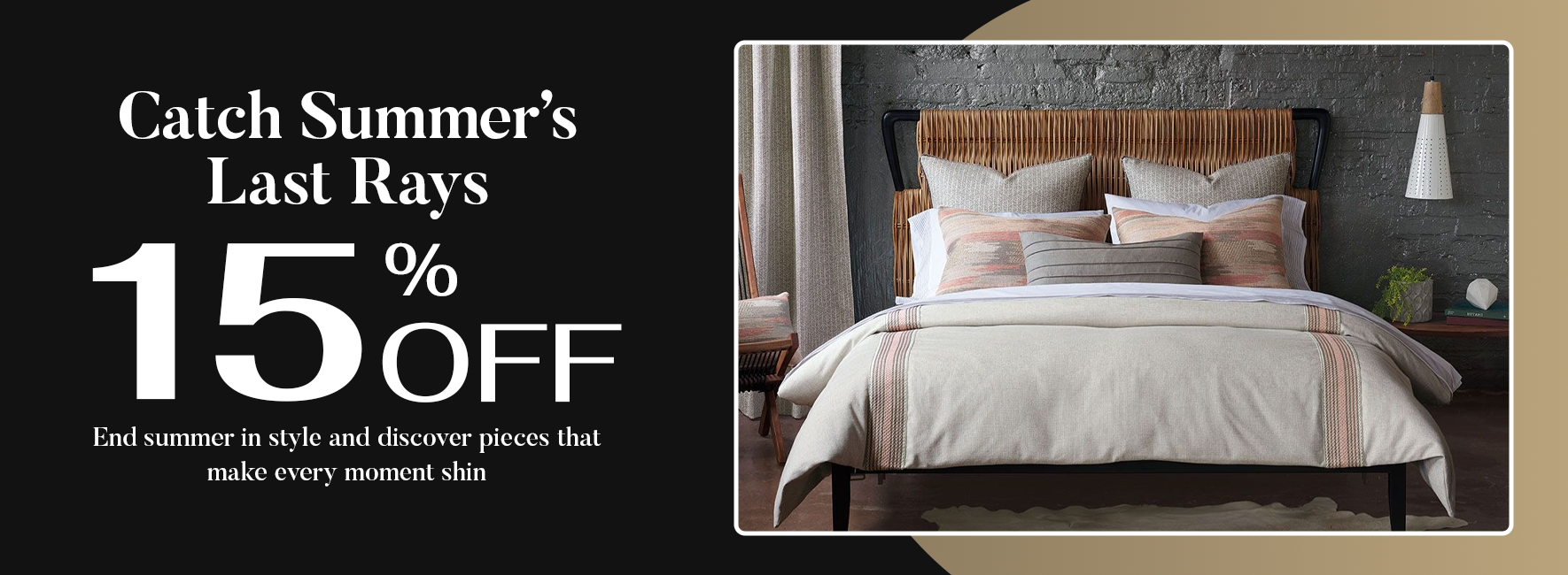 Promotional banner with a bed and '15% OFF' offer on a black and beige backgroundslider_item_nkJzyH