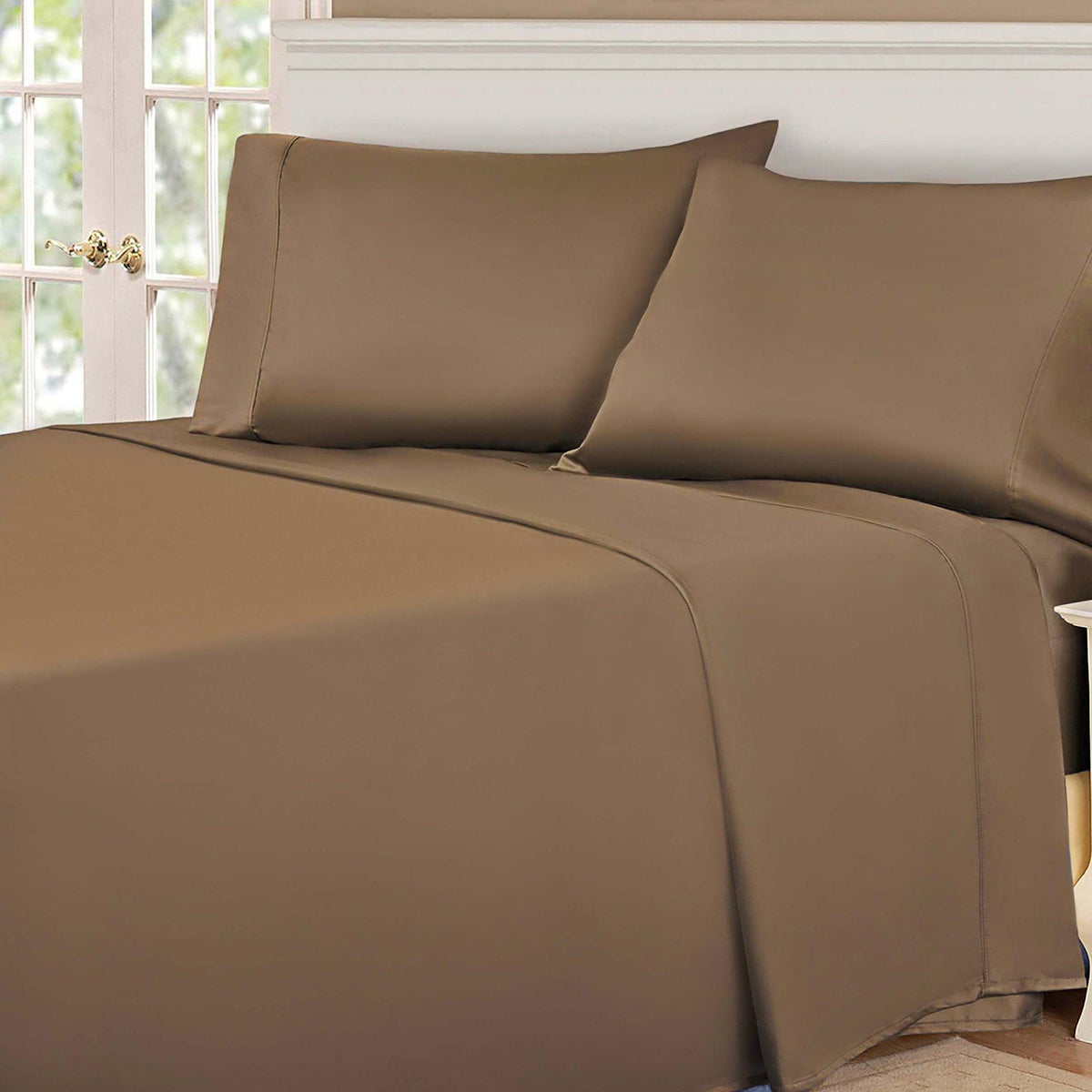 Taupe 530 Thread Count Egyptian Cotton Sateen Bed Sheet Set displayed on a modern bed