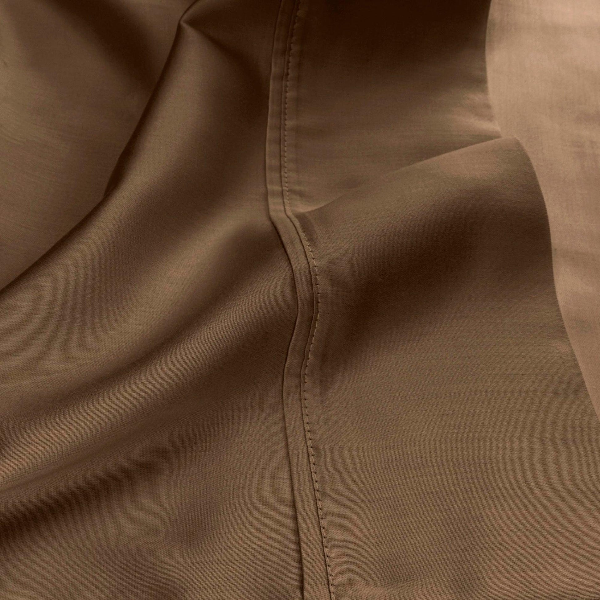 Taupe 530 Thread Count Egyptian Cotton Sateen sheet hem and stitching detail close-up
