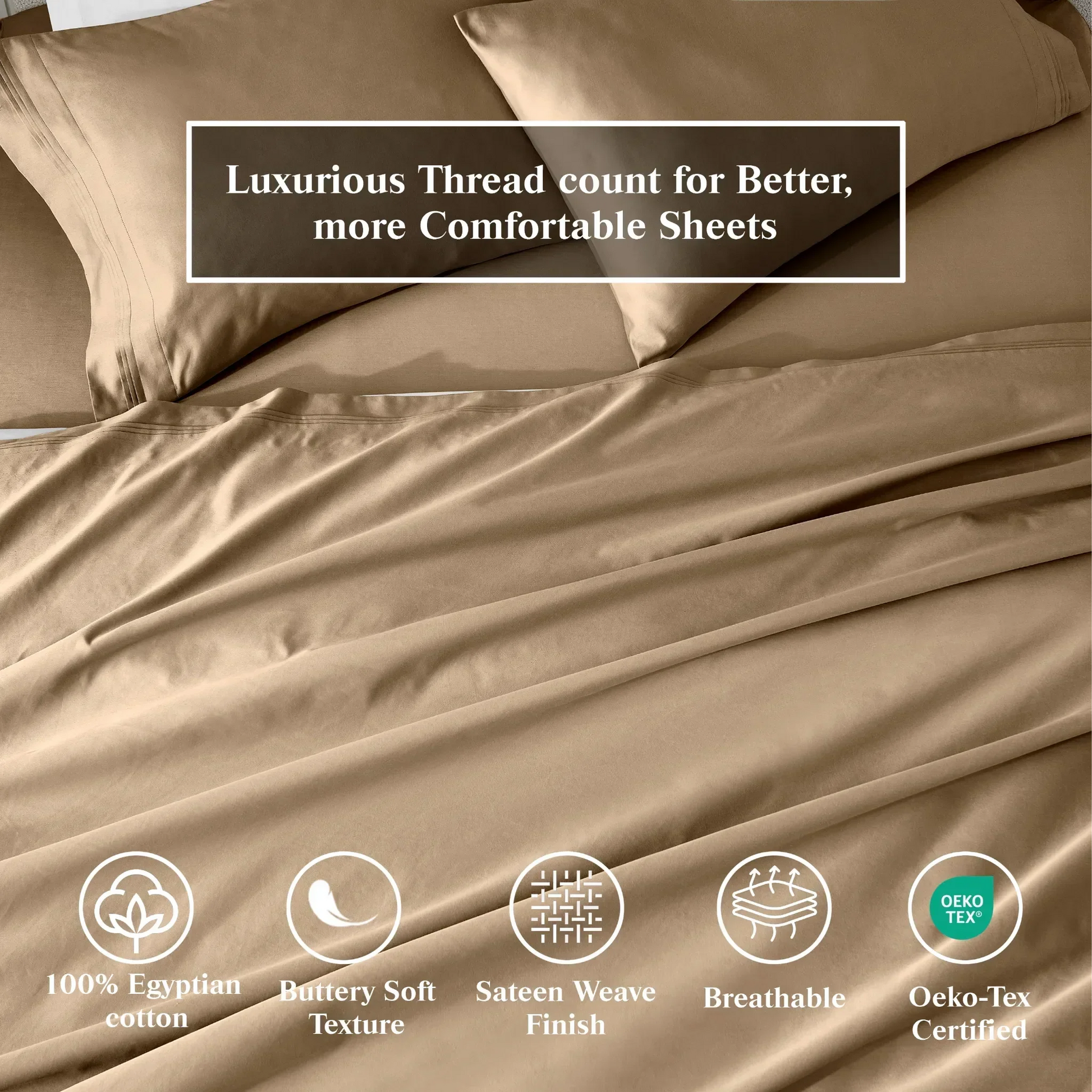 Taupe Egyptian Cotton Sateen Sheet Set infographic highlighting product features and Oeko-Tex certification