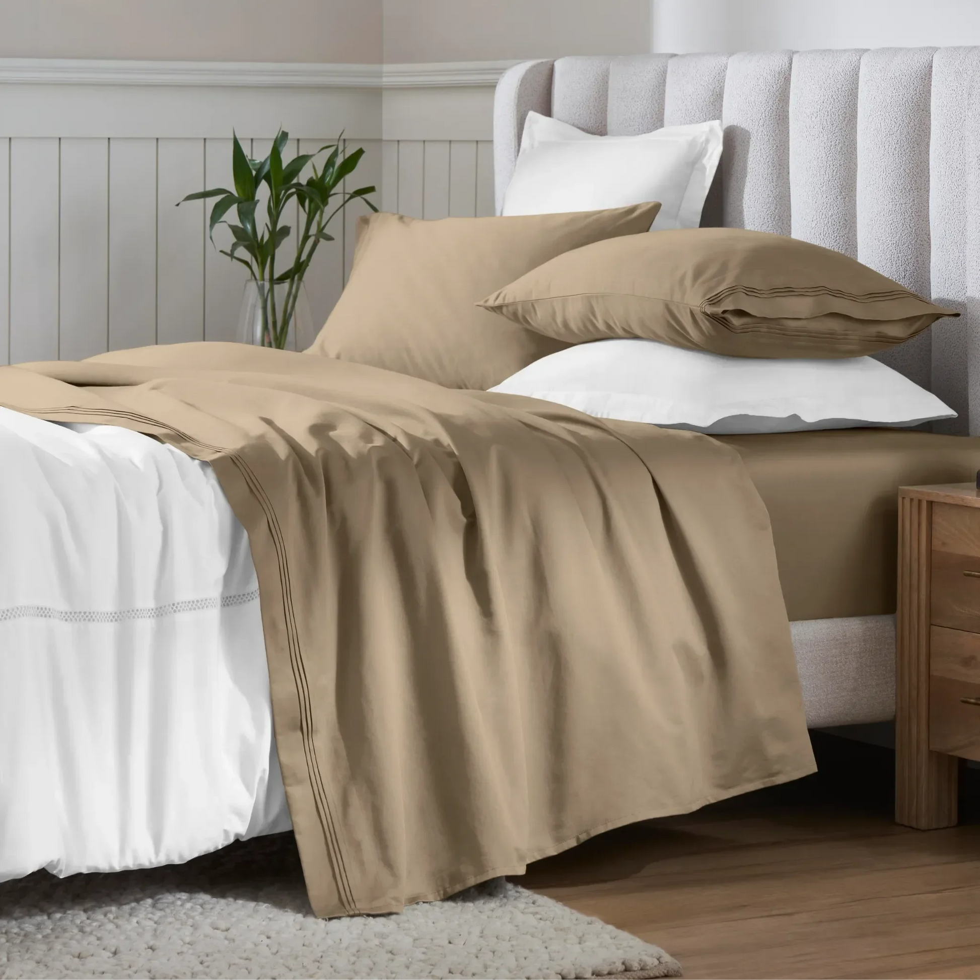 Taupe Egyptian Cotton Sateen Sheet Set styled on a modern bed with white accents