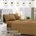 Taupe brown cotton blend sheet set graphic highlighting soft texture, durability, breathability, easy care, and long lasting color