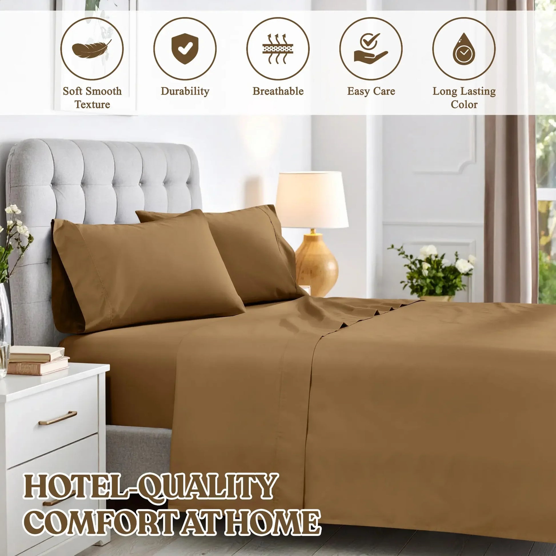 Taupe brown cotton blend sheet set graphic highlighting soft texture, durability, breathability, easy care, and long lasting color