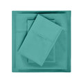 Teal 600 thread count cotton blend solid bed sheet set pieces folded in a neat stack