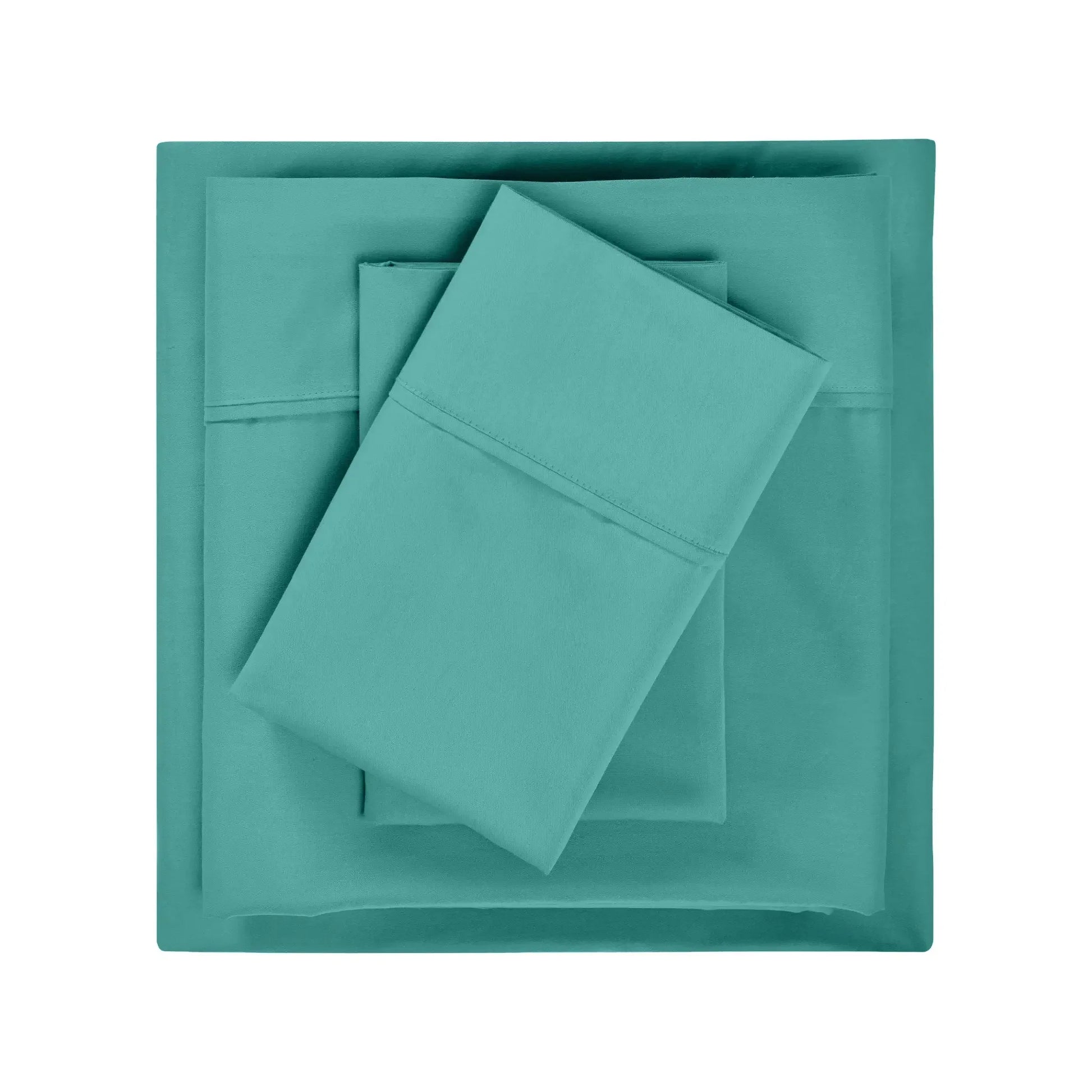 Teal 600 thread count cotton blend solid bed sheet set pieces folded in a neat stack