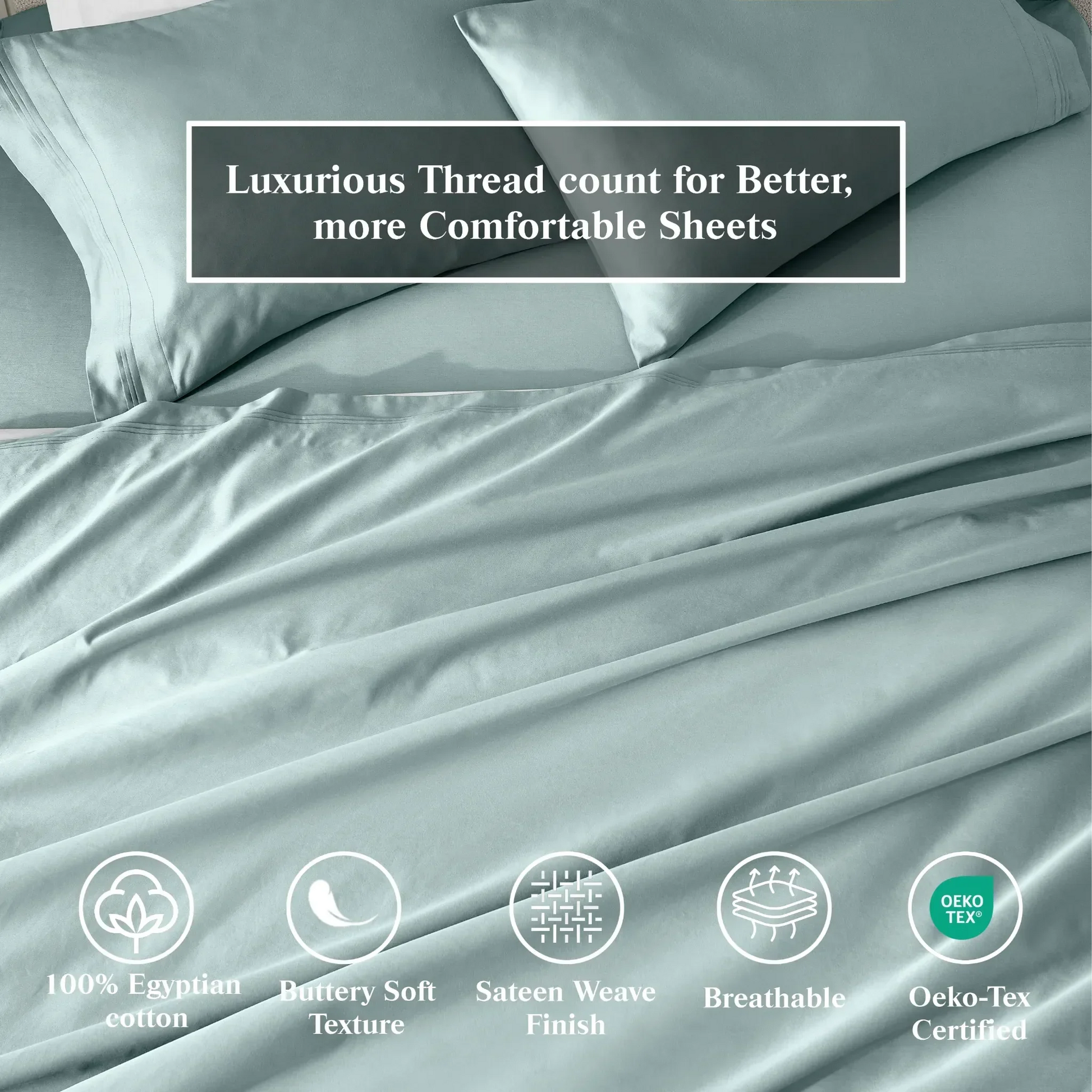 Teal Blue Egyptian Cotton Sateen Sheet Set infographic highlighting product features and Oeko-Tex certification