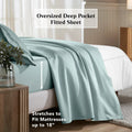 Teal blue deep pocket fitted sheet showing an 18-inch mattress fit feature