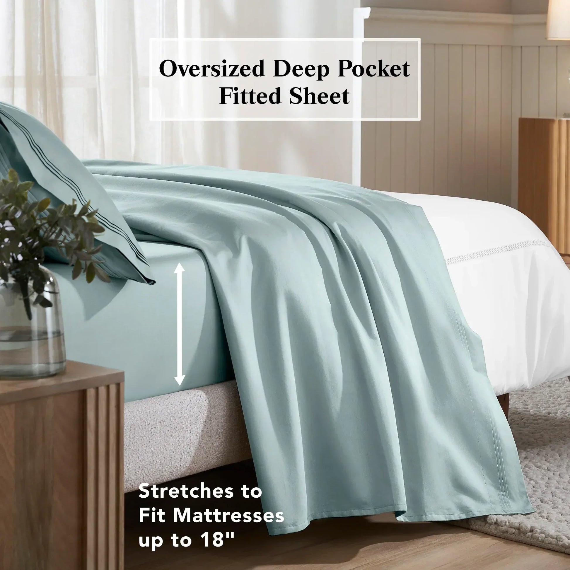 Teal blue deep pocket fitted sheet showing an 18-inch mattress fit feature