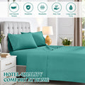Teal cotton blend sheet set graphic highlighting soft texture, durability, breathability, easy care, and long lasting color