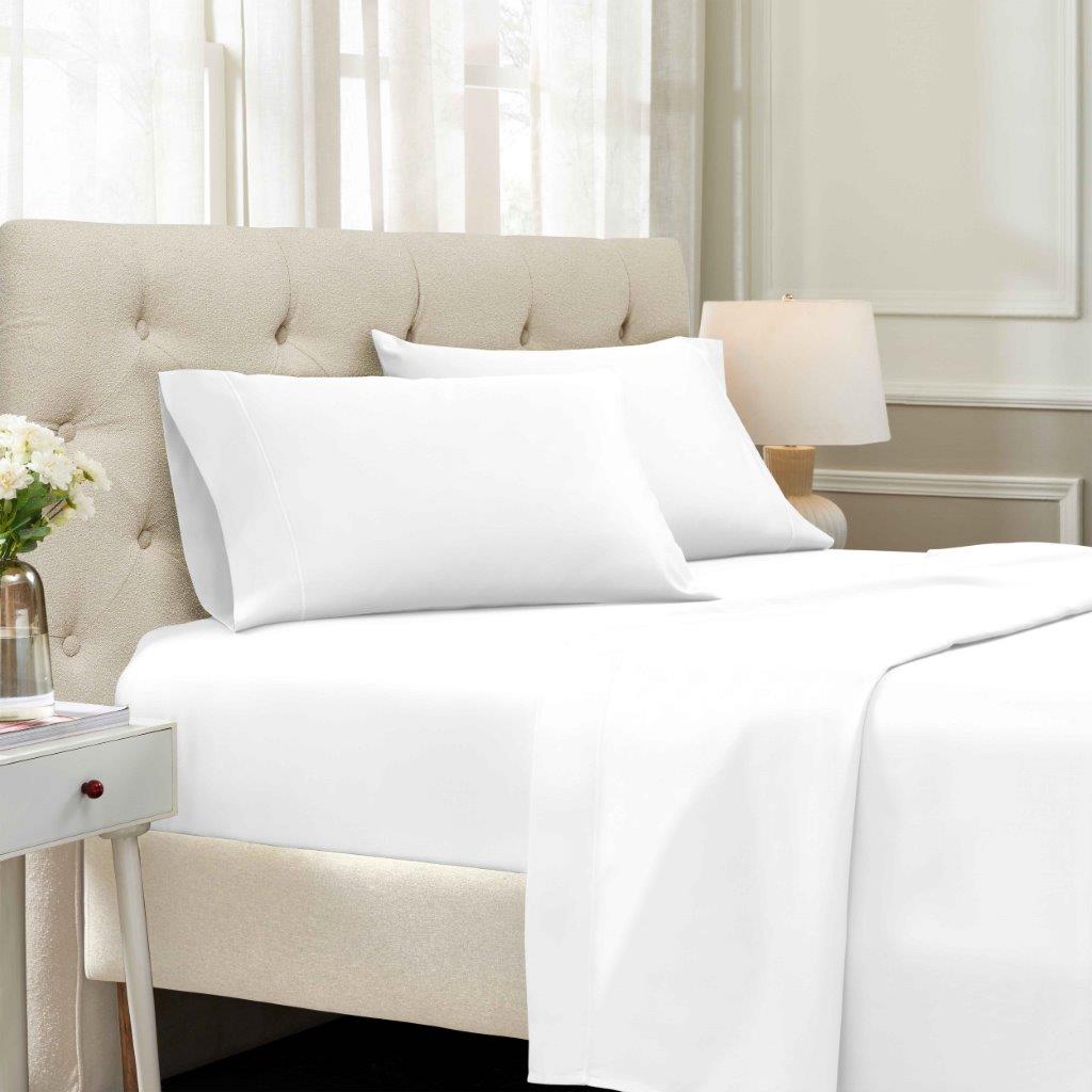 White 1500 Thread Count Egyptian Cotton Sheets Set deep pocket hotel quality lifestyle display on a modern staged bed.