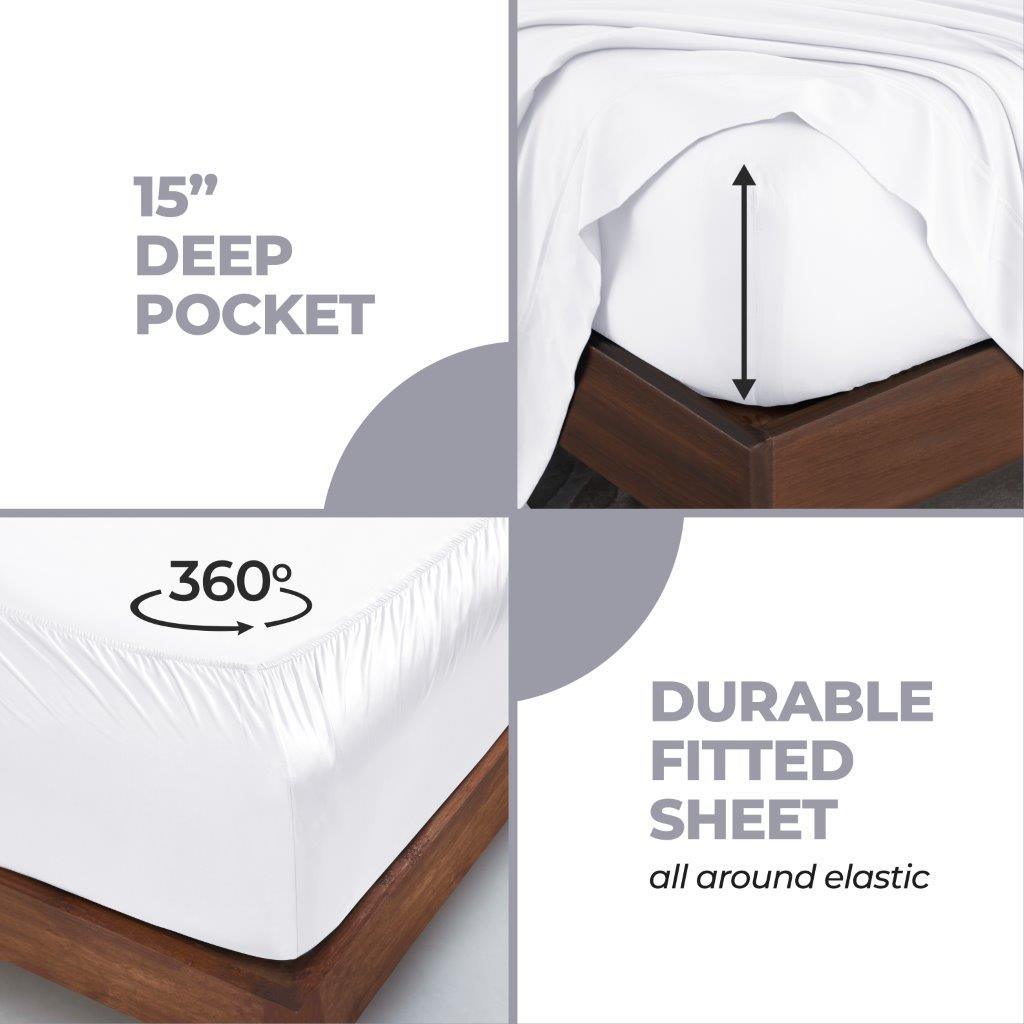 White 300 Thread Count Modal Sheets Set made from beechwood deep pocket and 360-degree elastic fitted sheet feature detail