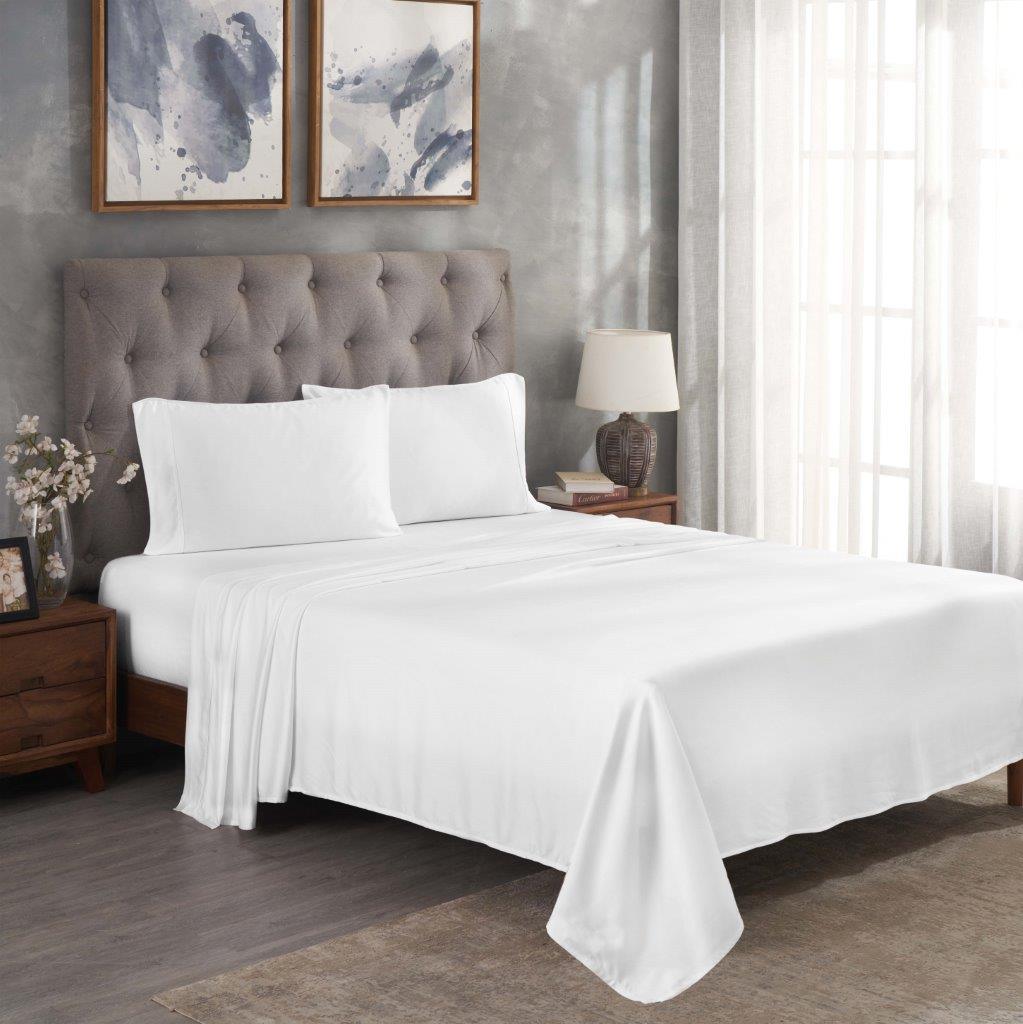 White 300 Thread Count Modal Sheets Set made from beechwood displayed on a modern staged bed