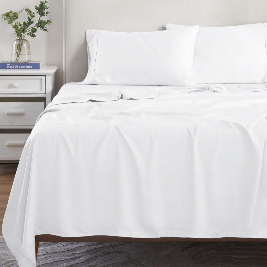 White 300 Thread Count Modal Sheets Set made from beechwood displayed on a staged bed