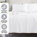White 300 Thread Count Modal Sheets Set made from beechwood promotional feature graphic showcasing breathability, moisture absorption, and beechwood material