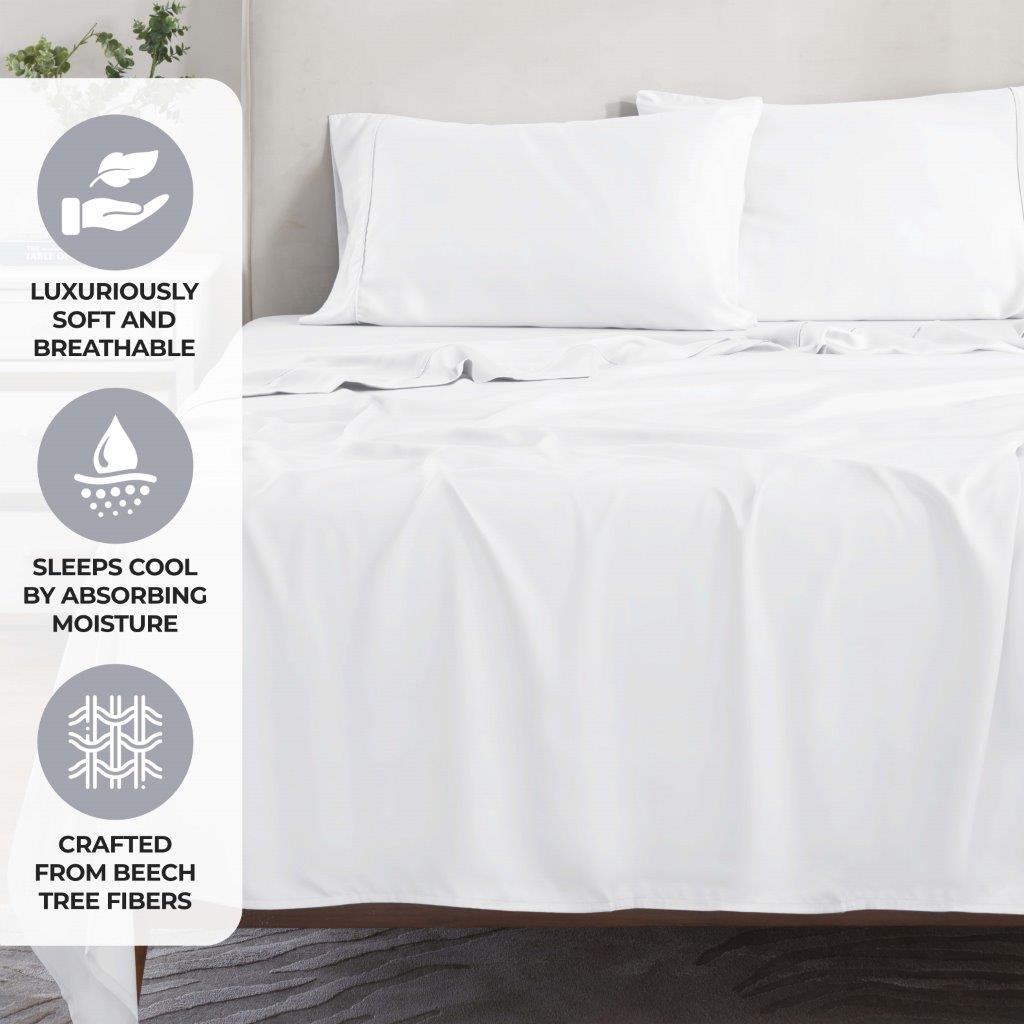 White 300 Thread Count Modal Sheets Set made from beechwood promotional feature graphic showcasing breathability, moisture absorption, and beechwood material