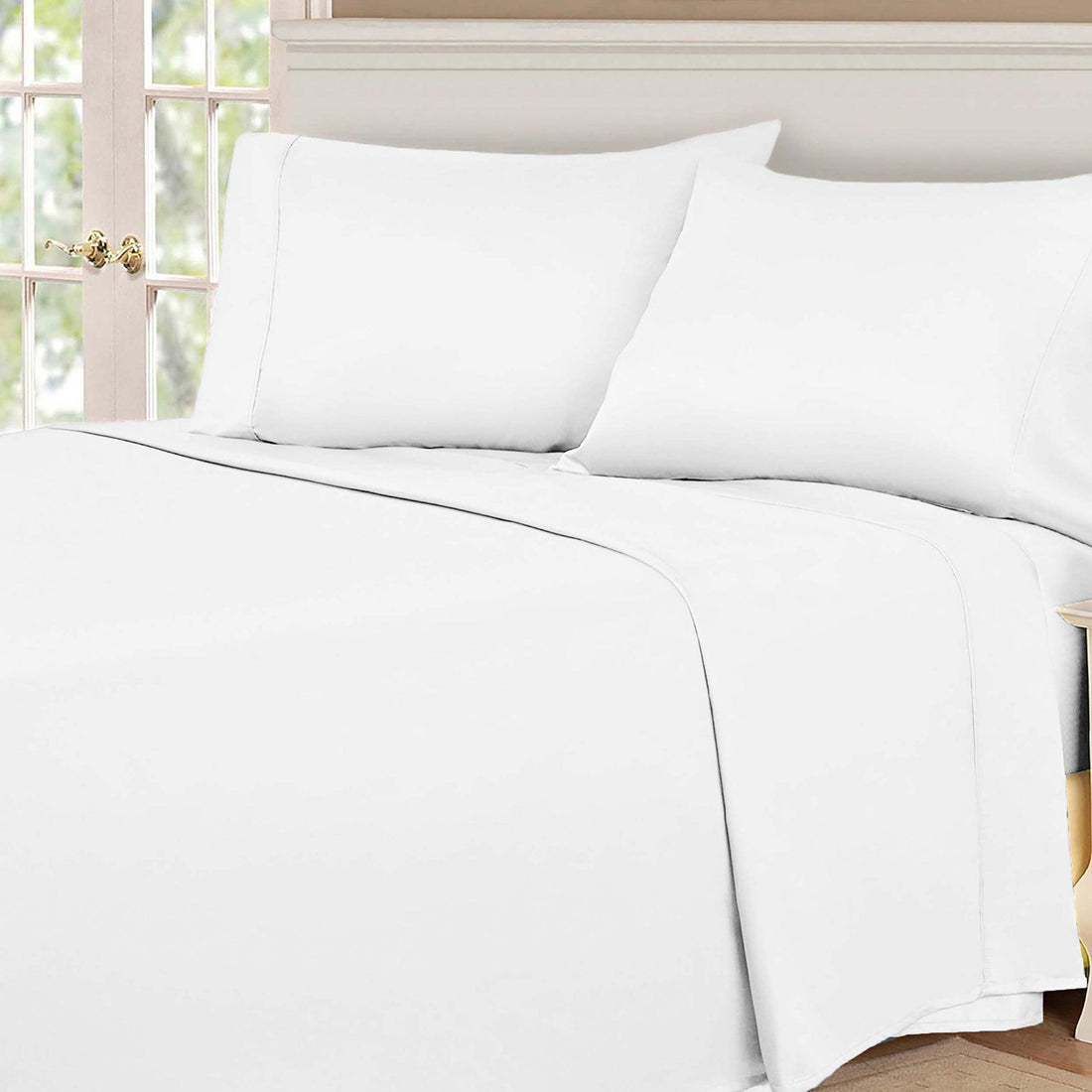 White 530 Thread Count Egyptian Cotton Sateen Bed Sheet Set displayed on a modern bed