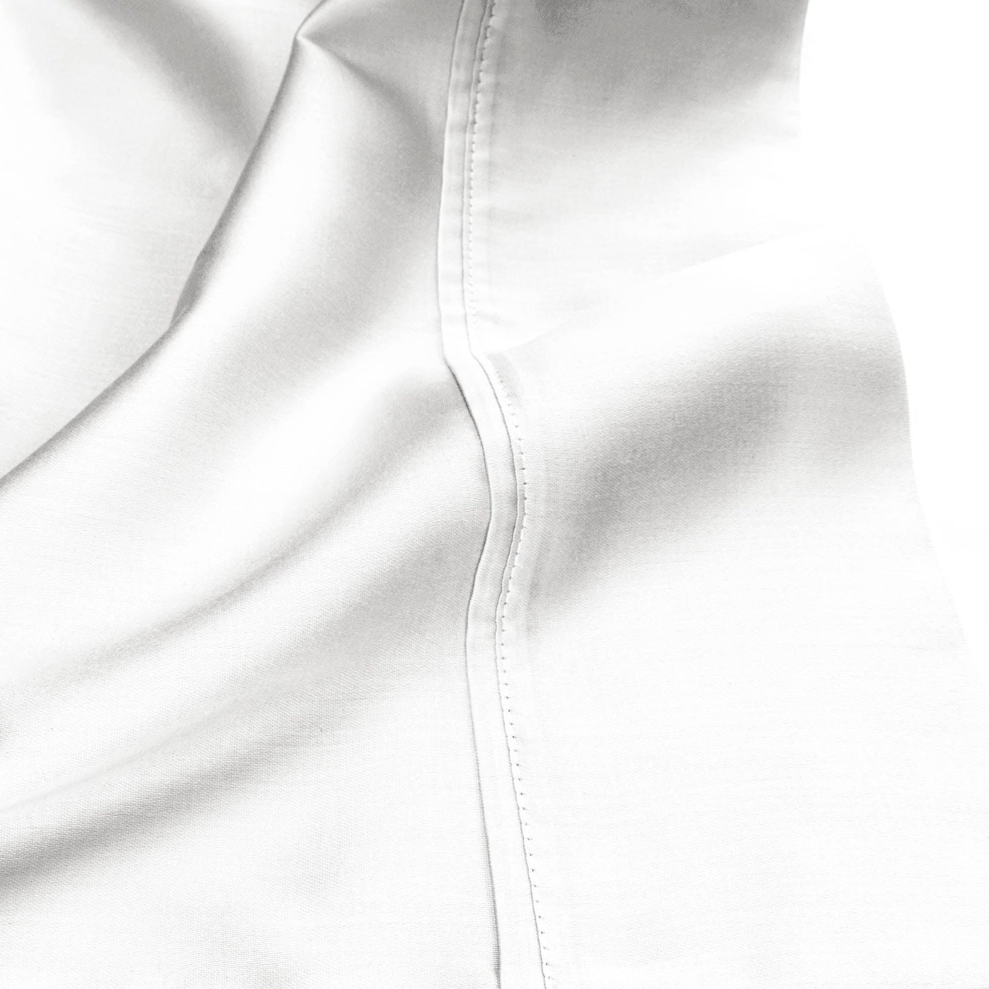 White 530 Thread Count Egyptian Cotton Sateen sheet hem and stitching detail close-up