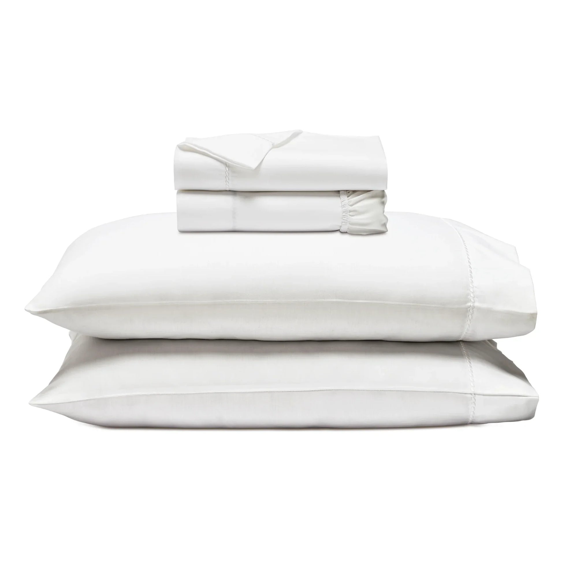 White 600 Thread Count Cotton Blend Bed Sheet Set Imperia embroidered hem product layout stack.