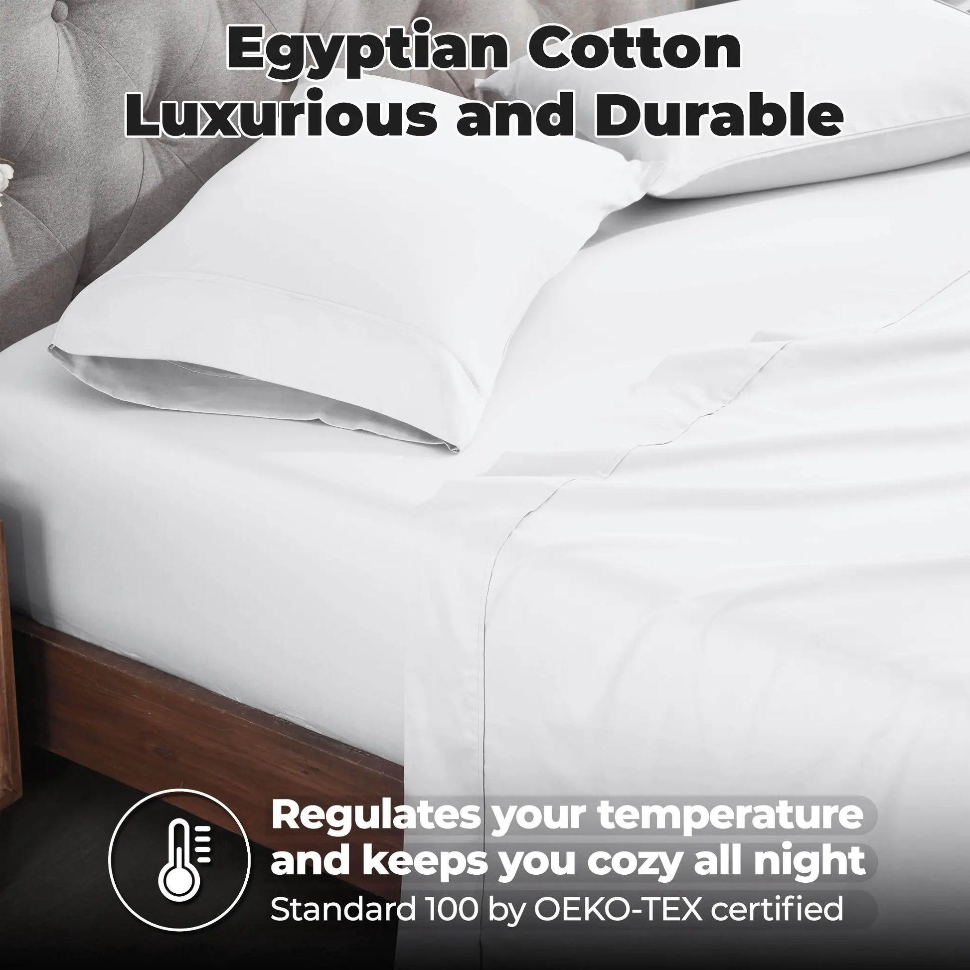 White 700 Thread Count Egyptian Cotton Sateen Bed Sheet Set promotional lifestyle image with features