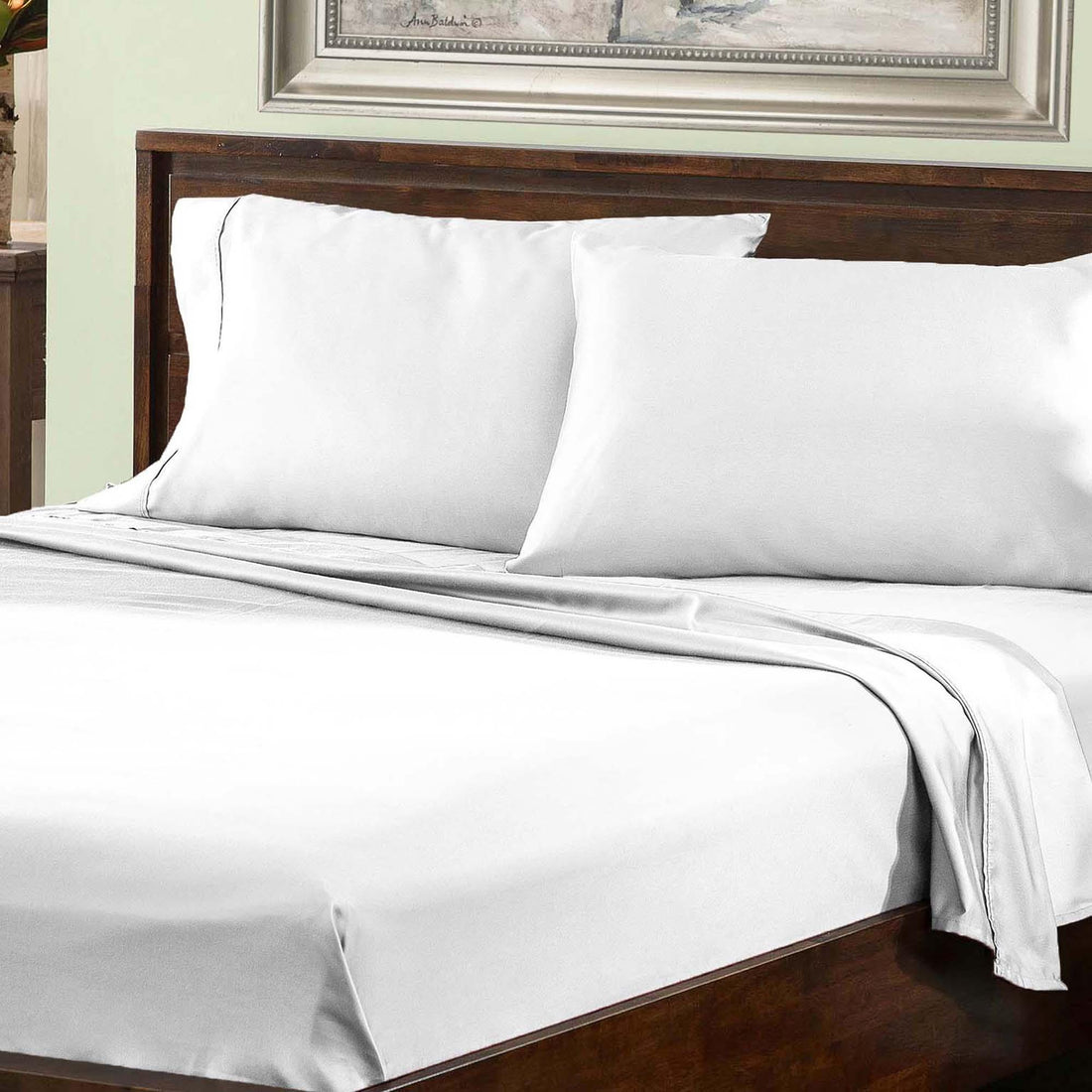 White 800 Thread Count Cotton Blend Bed Sheet Set deep pocket solid color bedding lifestyle display.