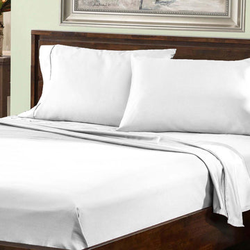 White 800 Thread Count Cotton Blend Bed Sheet Set deep pocket solid color bedding lifestyle display.