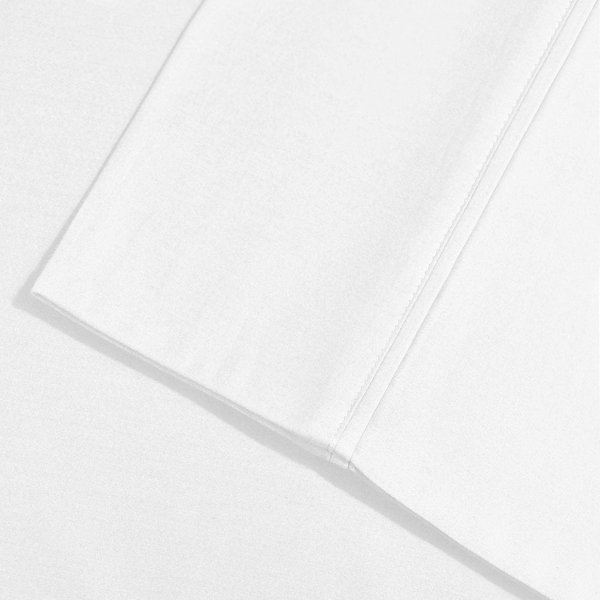 White 800 Thread Count Cotton Blend Bed Sheet Set embroidered hemline stitch detail.