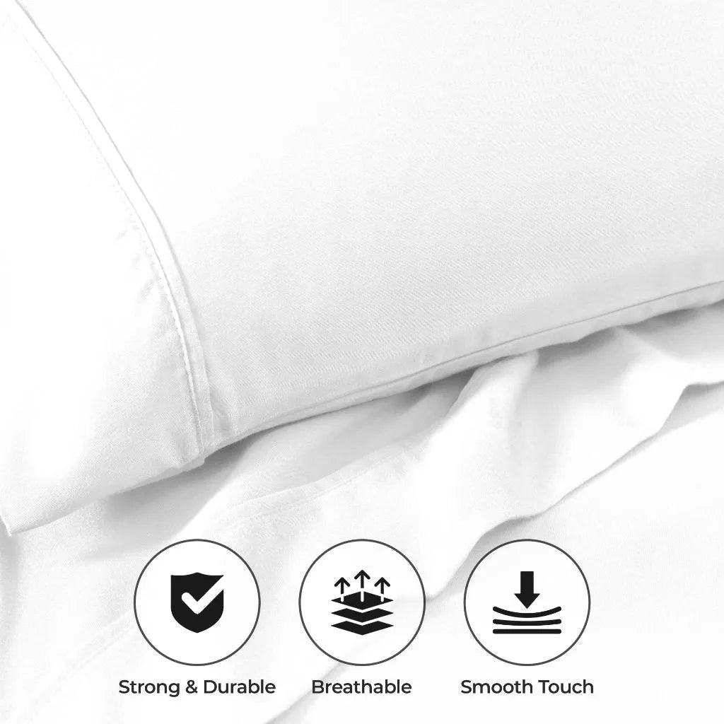 White 800 Thread Count Cotton Blend Bed Sheet Set infographic highlighting strong, durable, breathable, and smooth touch features.