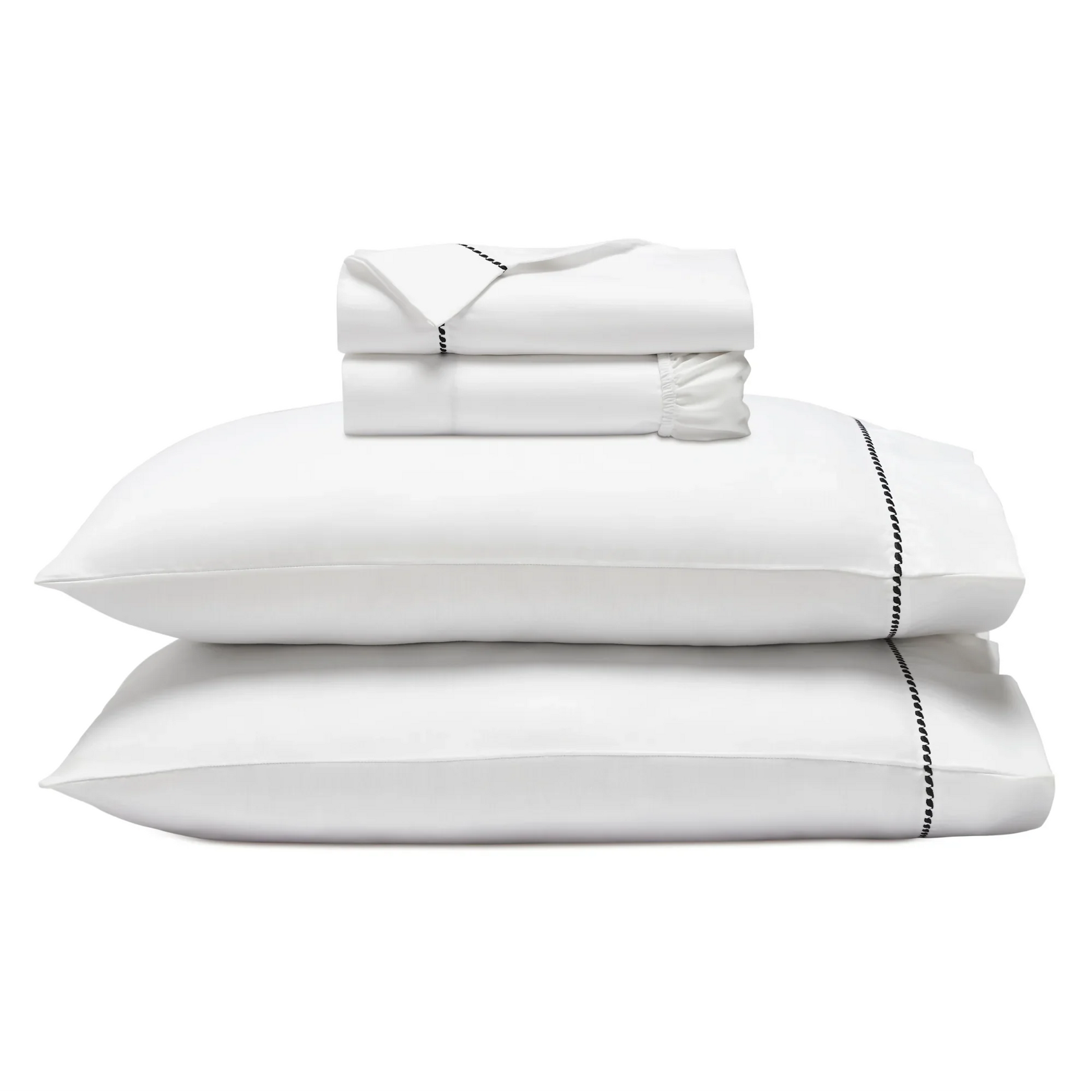 White/Black 600 Thread Count Cotton Blend Bed Sheet Set Imperia embroidered hem product layout stack.