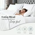 White/Black luxe 600 thread count cotton blend sheet set feature graphic highlighting breathability, durability, and machine washability.