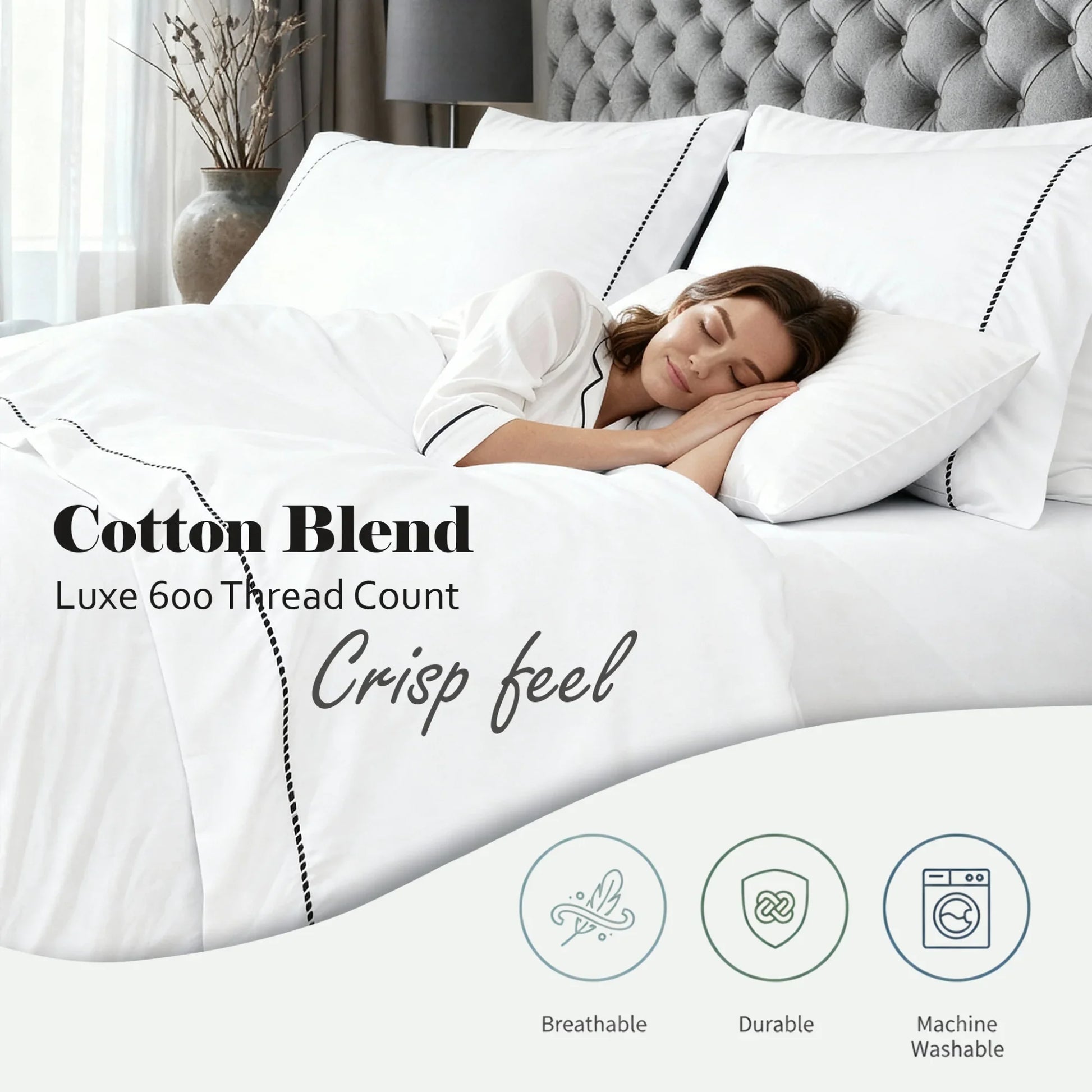 White/Black luxe 600 thread count cotton blend sheet set feature graphic highlighting breathability, durability, and machine washability.